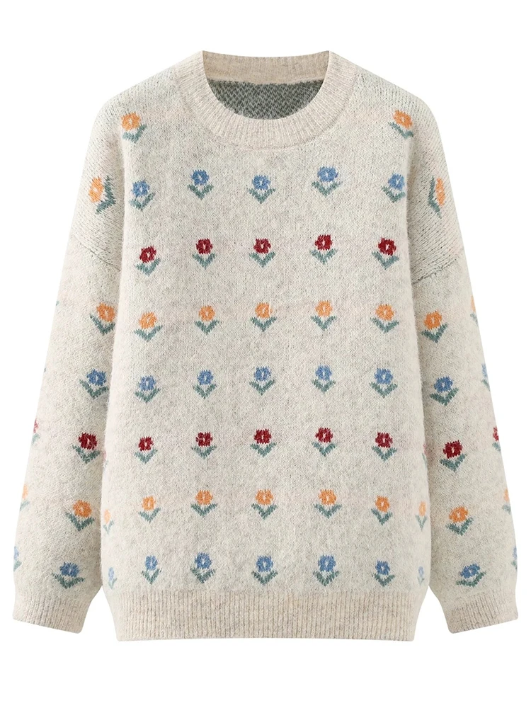 Autumn Sweet Floral Sweater Women Vintage Preppy Style Loose Knitted Jumper Retro Lazy Wind Lady Long Sleeve O Neck Elegant Tops