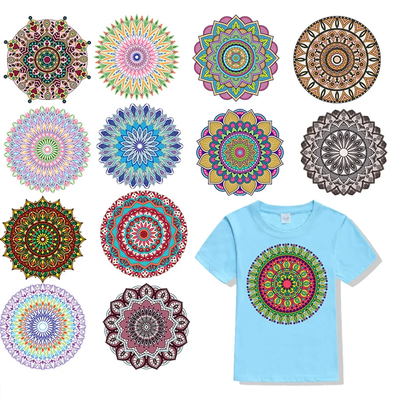 Fashion Indian Yoga Mandala Floral Thermal Stickers On Striped Clothes Heat Transfer Fusible Heat Transfer Vinyl Patches