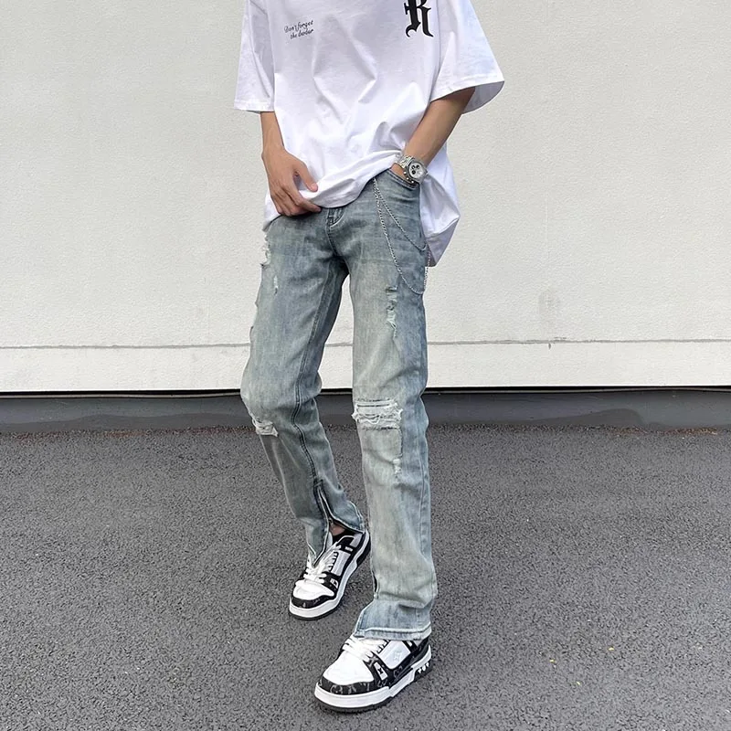 Hole Jeans Men Slim Zipper Ripped Asymmetrical High Street Korean Style Ankle Length Fitness Normcore Bleached Youthful Vitality