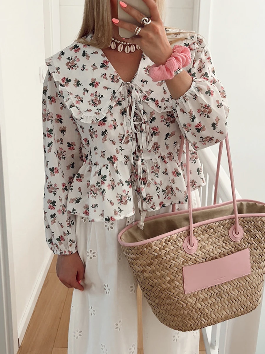 Frauen binden vorne Blumen Babydoll Shirt y2k Puff ärmel Puppen kragen Schößchen Bluse schnüren süße Sommer trend ige Kleidung