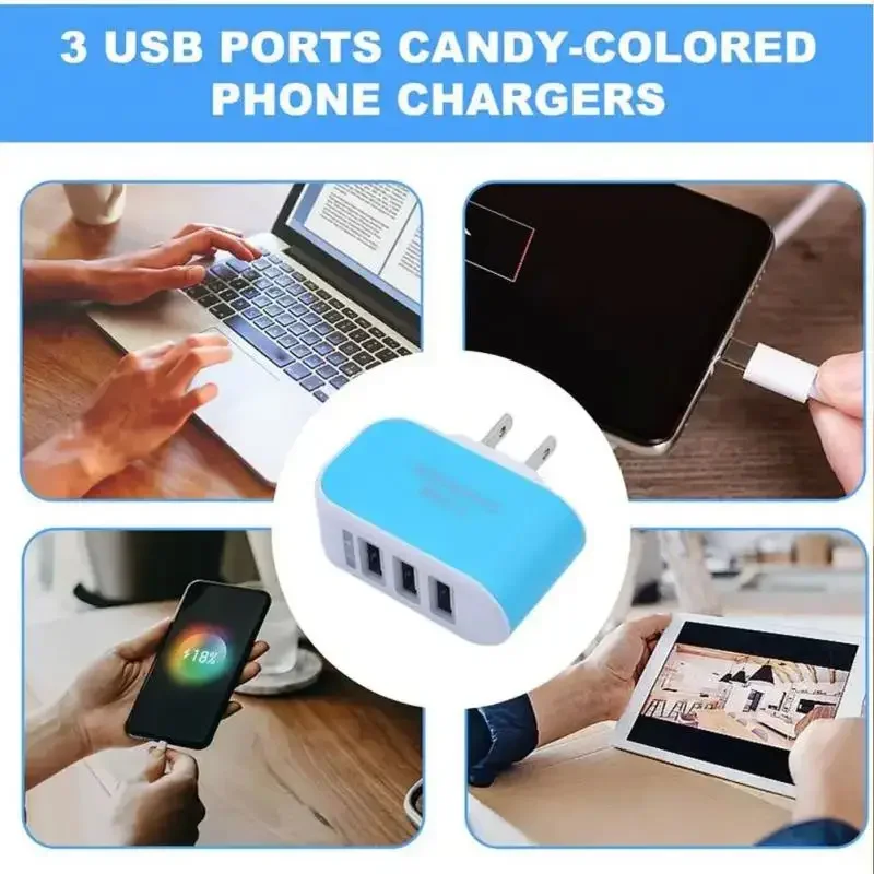 Universal 3 USB Multi-Port Wall Home Charger US/EU Plug Wall Adapter Cube Block AC 110-220V Candy Color Travel Charger Adapter