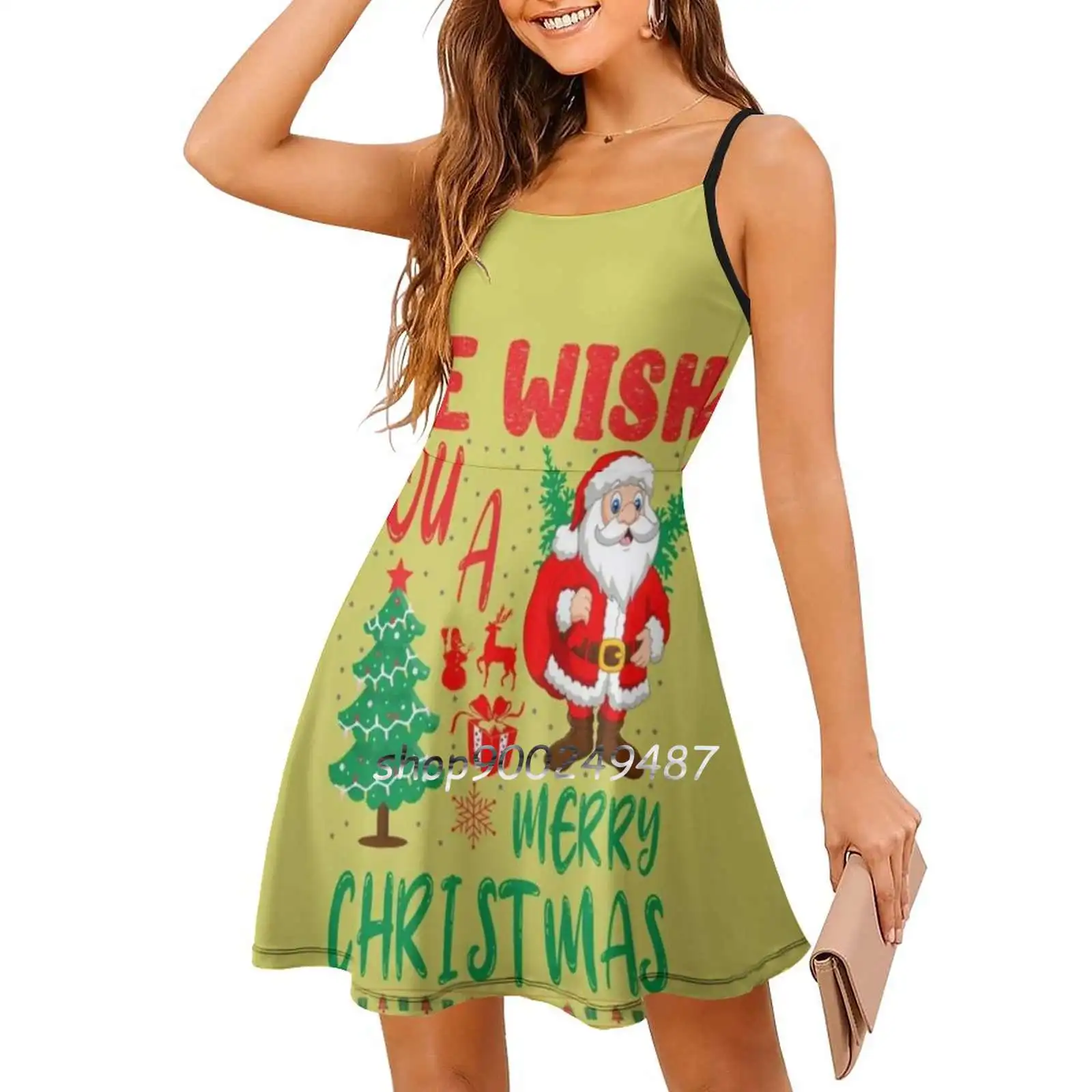 Vrolijk Kerstfeest Leuke Kerstman T-shirt Vierkante Hals Jurk Zoete Zomer Jurk Vrouwen Elegante Halter Print Jurk Kerstman