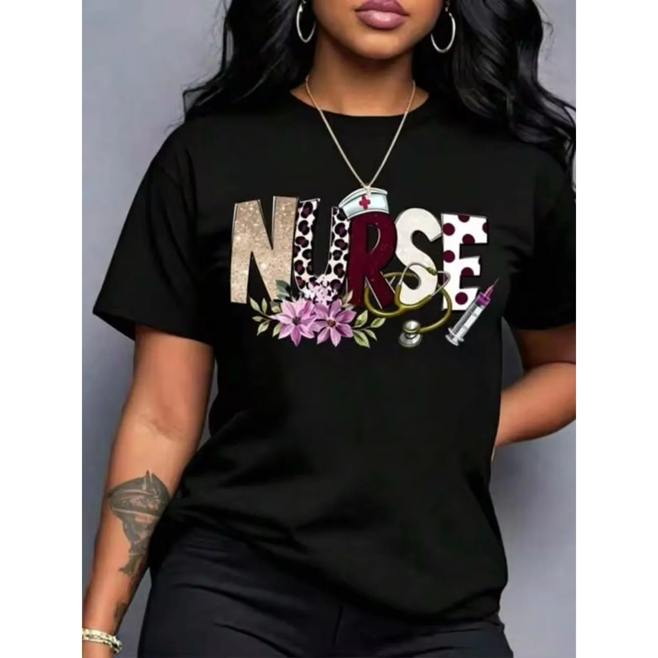 Women's Nurse Print T-Shirt - Themed Design, Short-Sleeved, Round-Neck, Loose-Fitting Top, Breathable And Machine Washable, In A Bright Turquoise Blue