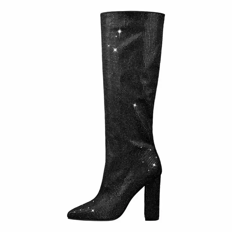 

Women's knee high boots, thin high heels, narrow pointed, artificial diamonds fashion show parties, European and American fashio