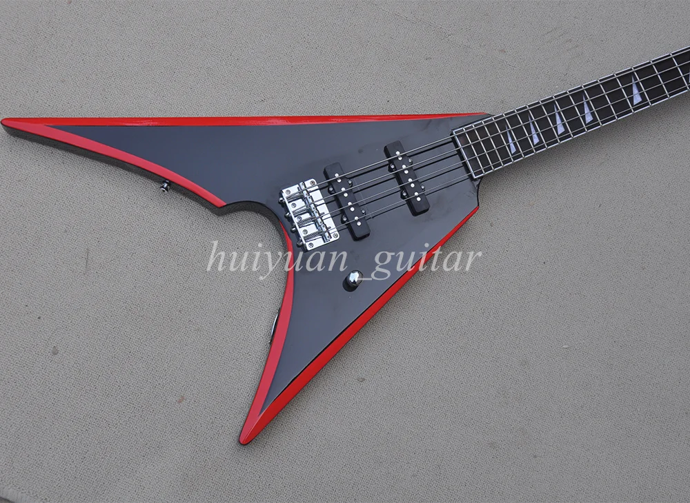 Flyoung 4 Strings Black V Electric Bass Guitar with Red Trim Rosewood Fretboard 24 Frets