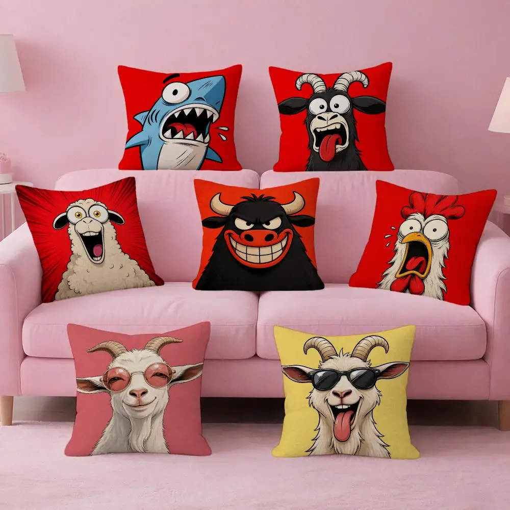 Cartoon Animals Are Screaming Cushion Cover Pink Theme Linen‑Texture Double‑Sided Pillow Cover for Sofa Home Decor