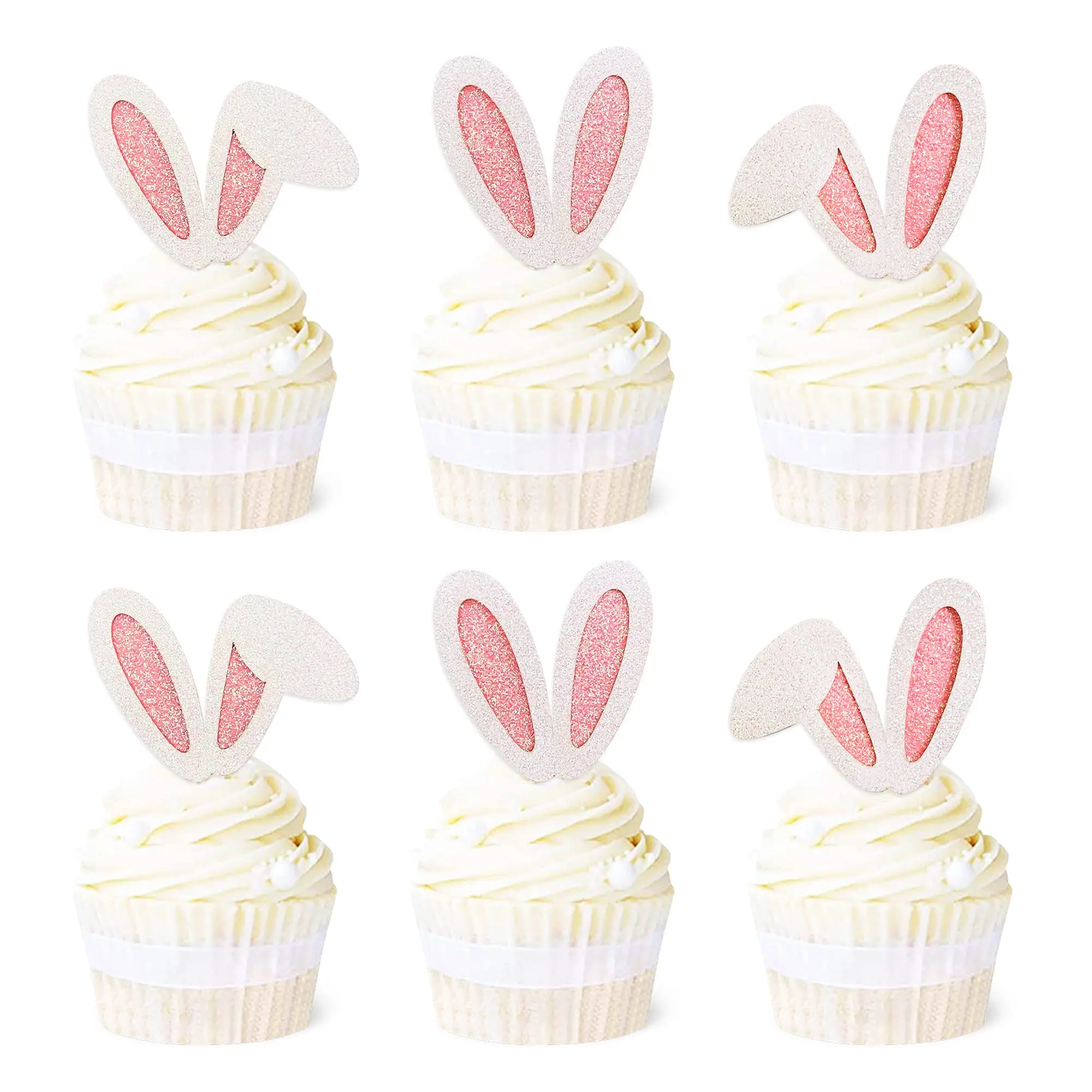 12/24pcs Easter Bunny Ear Cupcake Toppers Glitter Rabbit Ears Cupcake Picks Easter Day Cake Toppers for Easter Theme Party Decor