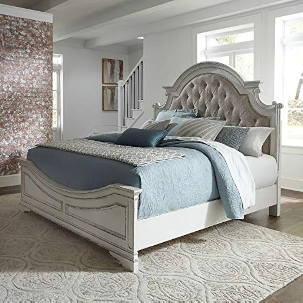 

King Upholstered Bed, Antique White Finish, White King Bed