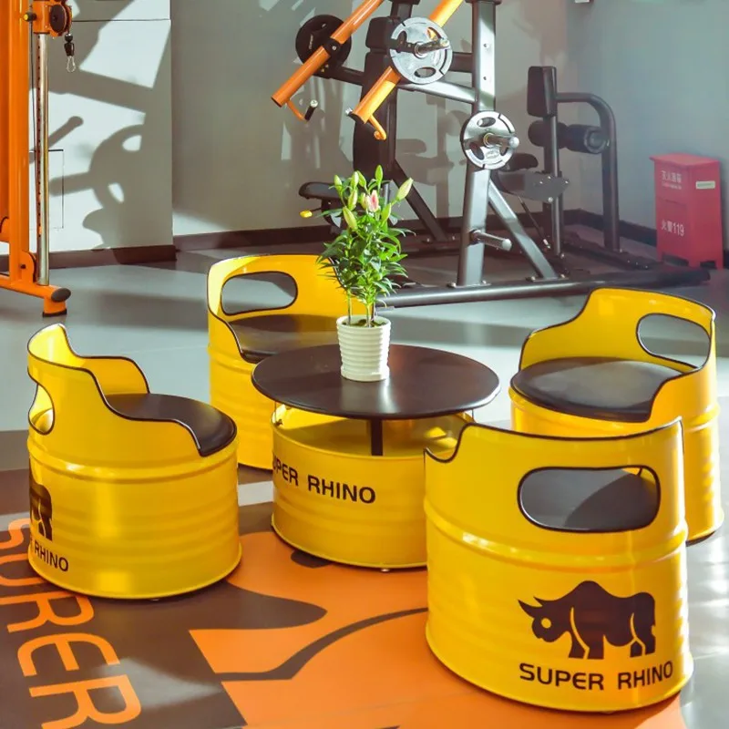 

Industrial style creative oil drum bar table and chair combination card seat Internet celebrity milk tea shop cafe wrought iron
