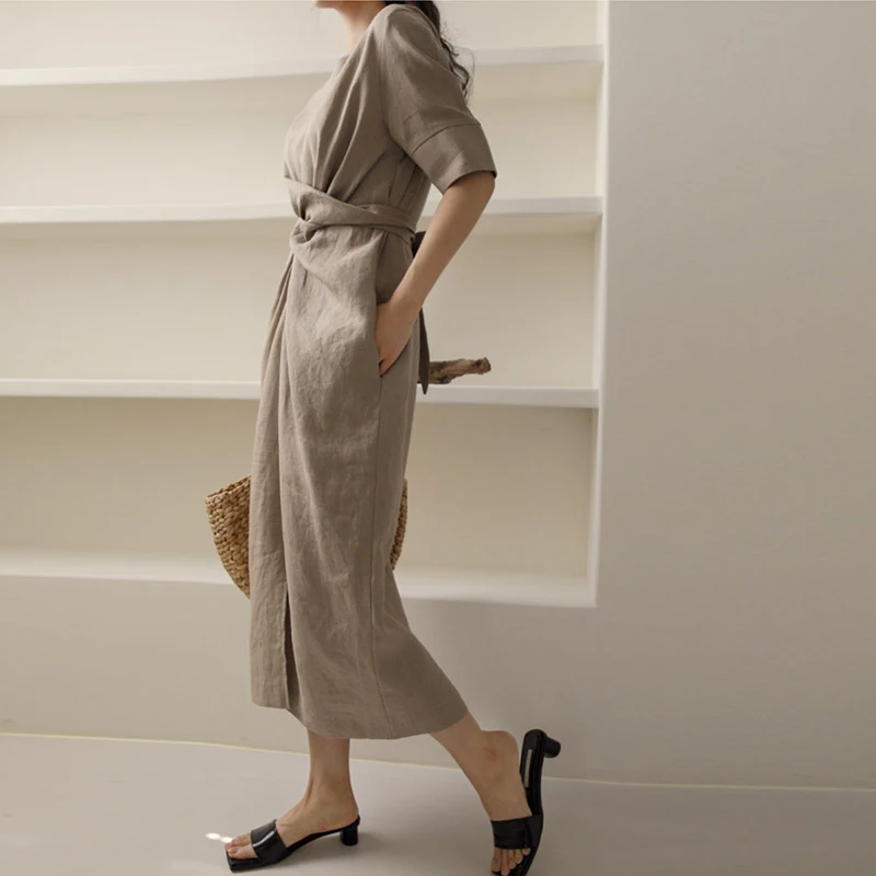 Johnature Summer New Korean Bandage Dress 2025 Solid Color O-neck Short Sleeve Loose Pockets Women Dresses
