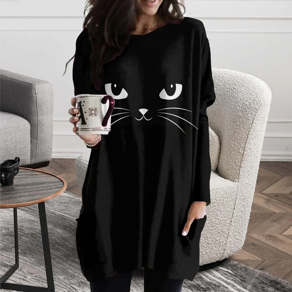 Autumn and winter 2023 new long hoodless sweatshirt 3D printing Halloween Black Cat pattern top Harajuku Y2K clothing