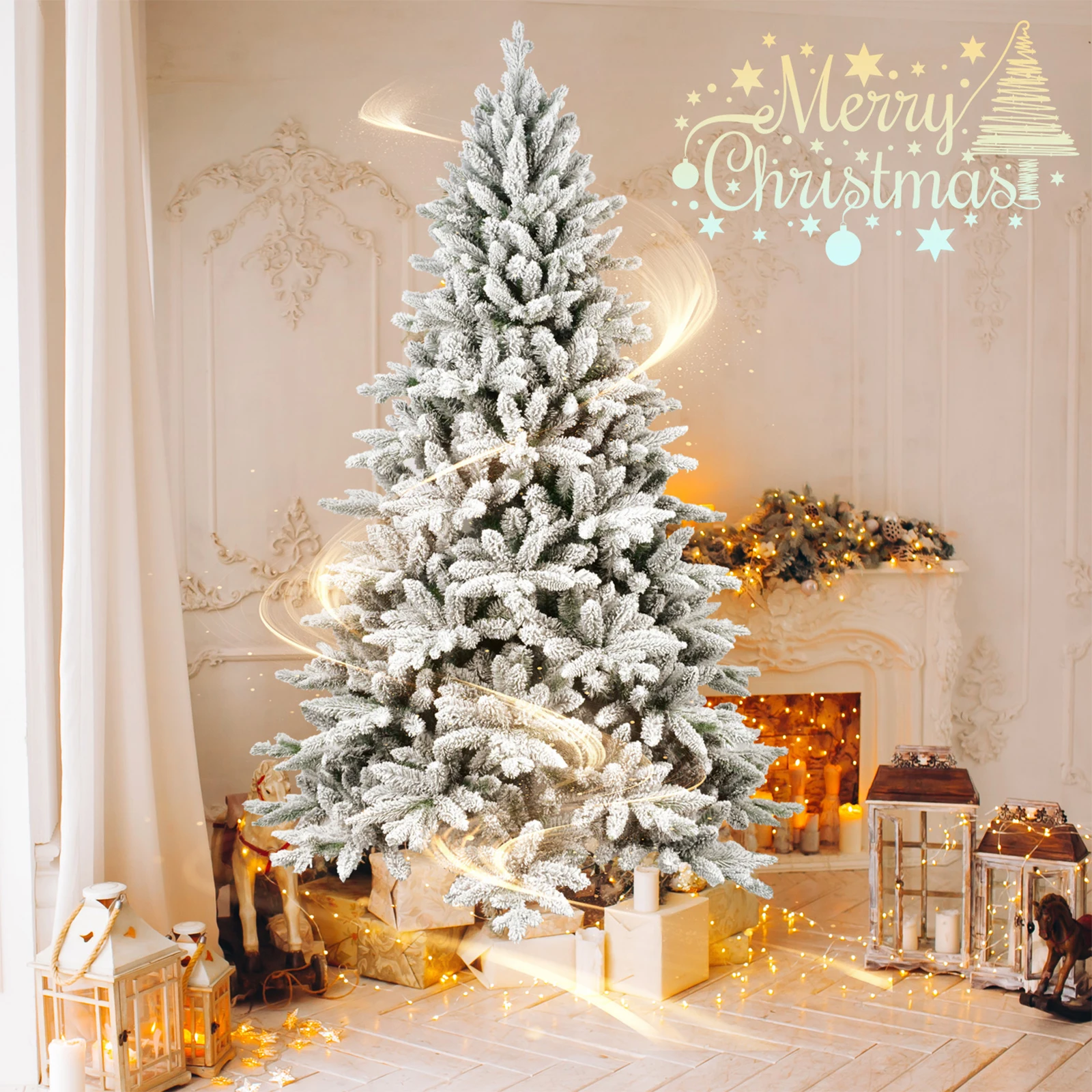 

5/6/7FT Pre-lit Artificial Christmas Tree 1514 Branch Tips Automatic Open PE/PVC Mixed Flocking Xmas Tree with Metal Stand Base