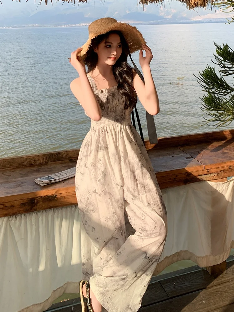 จั๊มสูทขายาวทรงขากว้างสไตล์จีนใหม่ ลายภาพวาดสีน้ำ เอวสูง ผ้าบาง สำหรับผู้หญิง ฤดูร้อน รุ่นบางพิเศษ ขายออนไลน์เท่านั้น