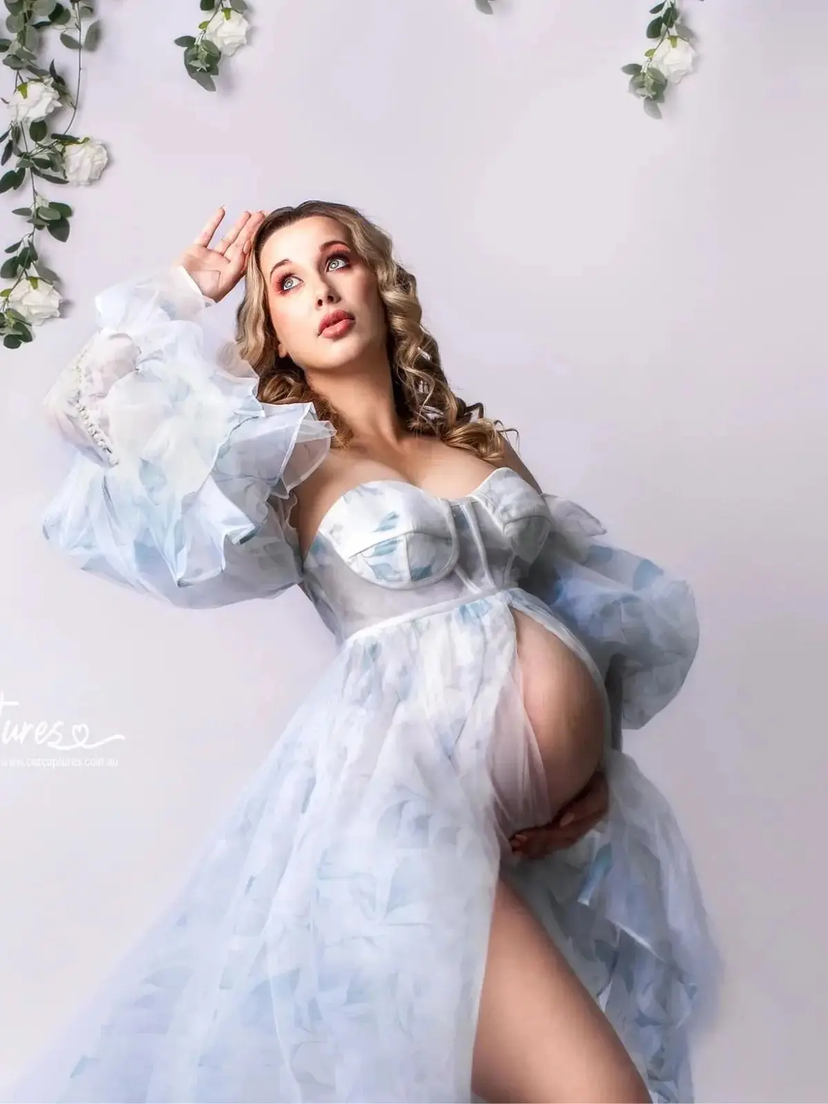 custom 14509#Floral Printing Maternity DressesPhotography Pregnant Gowns with Removable Sleeve Pregnancy Women Photoshoot Dress