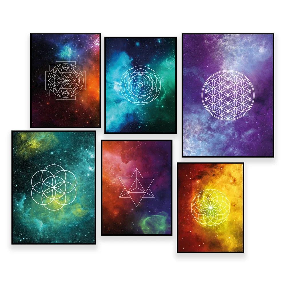 Seed of Life, Flower of Life, Sunflower Print, Merkaba Sacred Geometry Poster - Watercolor Galaxy