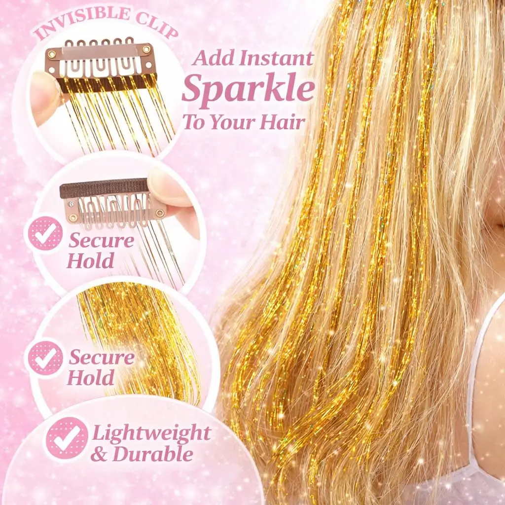 Haar-Glitzerstreifen, 12 Stück, glänzendes Metallband, Clip, Perückenstück, Glitzerband im Haar, Party-Fokus, zartes, auffälliges Geschenk, synthetisch – Detail 3