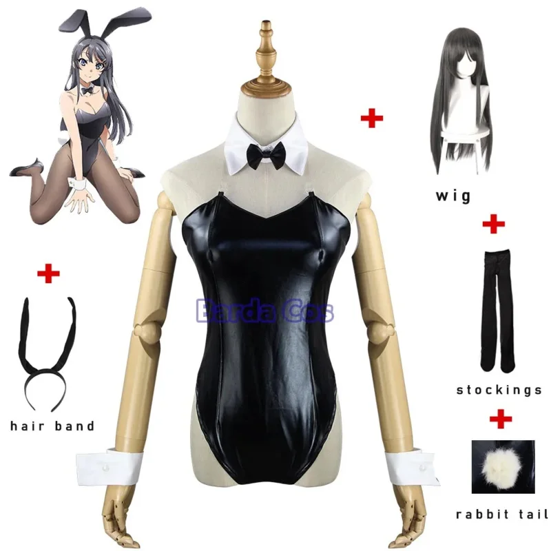 Ss13anime sexy bonito coelho menina senpai cosplay traje sakurajima mai macacões pretos peruca trajes de halloween para mulher coelho sui