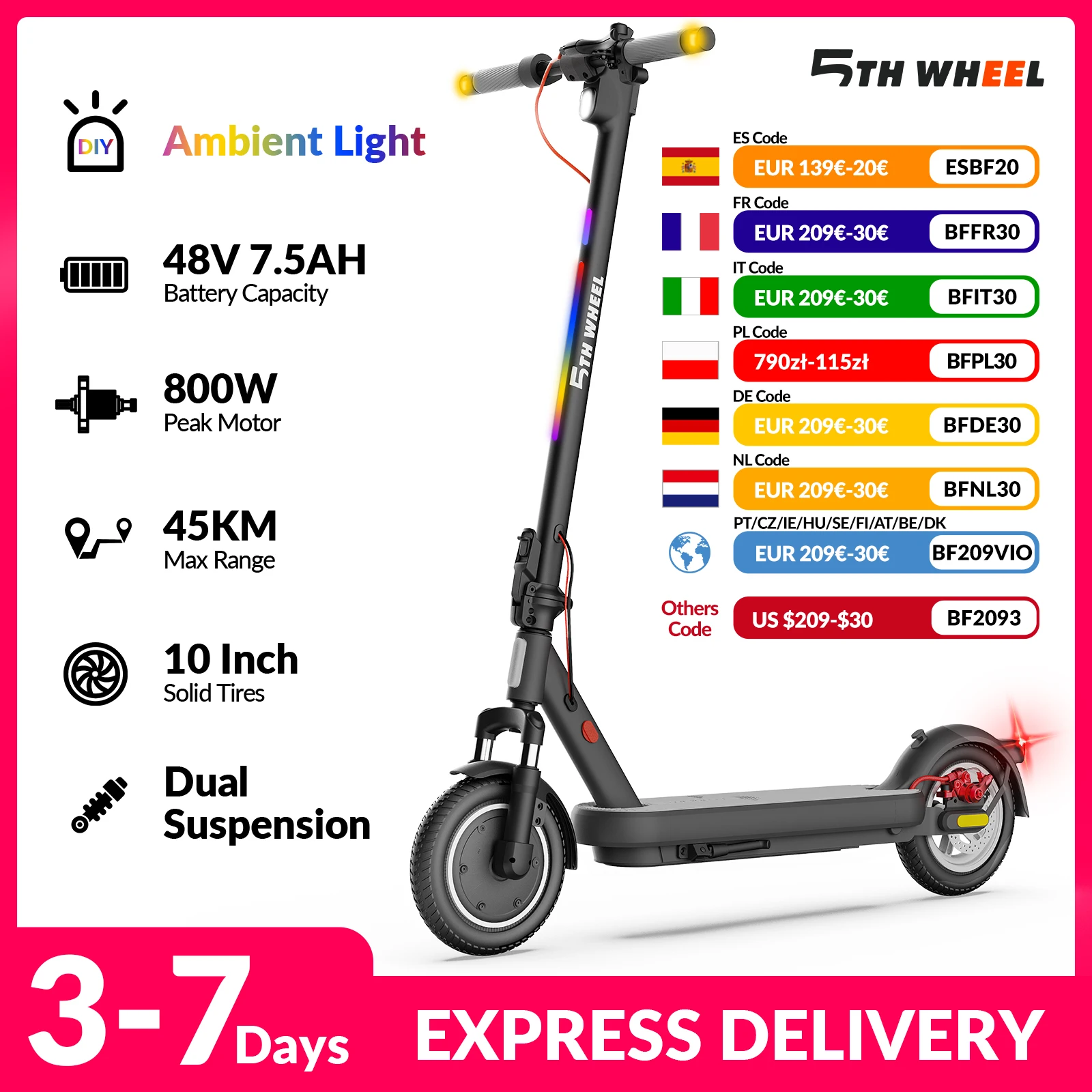 Trottinette Électrique 5TH WHEEL, Pneus Pleins 10", Puissance de Pointe 800W, 25 km/h, Autonomie 40-45 km, Clignotants, Système de Double Freinage, 48V 7.5AH