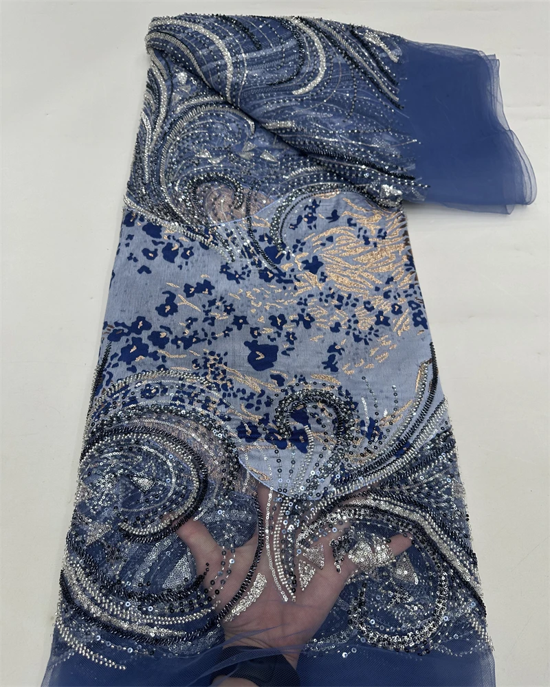 Madison African Sequins Pearls Lace Fabric  High Quality French Heavy Beaded Tulle Lace Fabric Nigeria For Bridal Dress