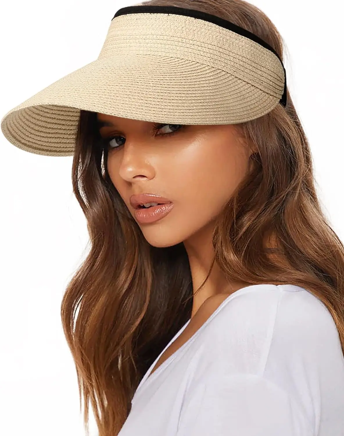 

Women's Straw Sun Visor Hat with Ponytail Hole, UPF 80+ Packable Beach Travel Hat for Summer