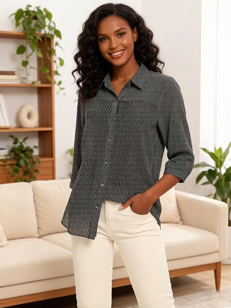 

Women Grey Striped Blouse Shirt Dress with Turn Down Collar Roll Up Sleeve Loose Fit Casual Business Summer Longline Top