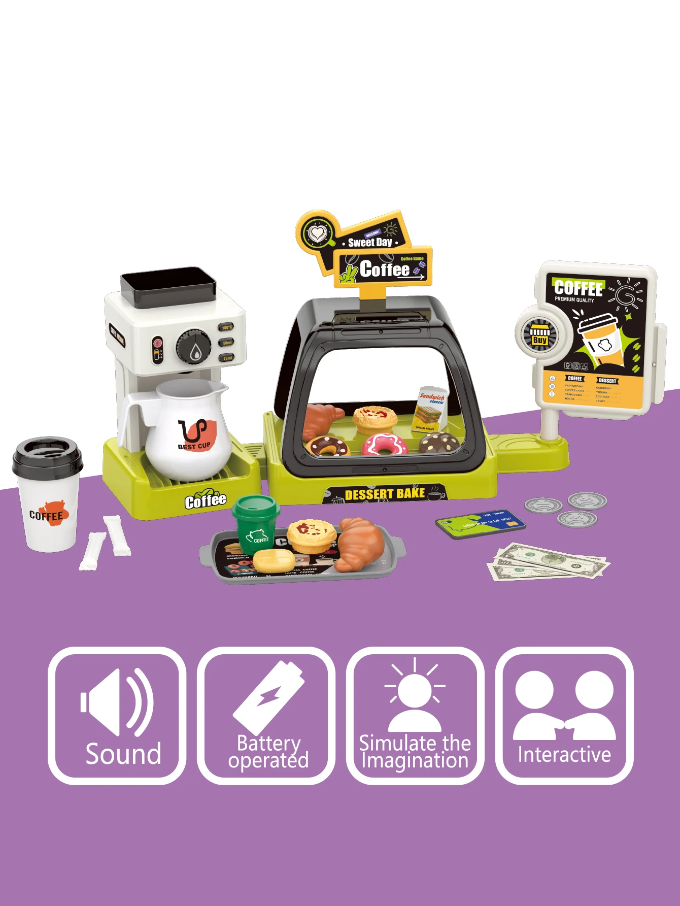 Kaffee maschine 3-in-1 Combo-Set mit Sound, manuelle Abgabe so tun, als würden Kinder spielen Set Geschenke für Jungen und Mädchen