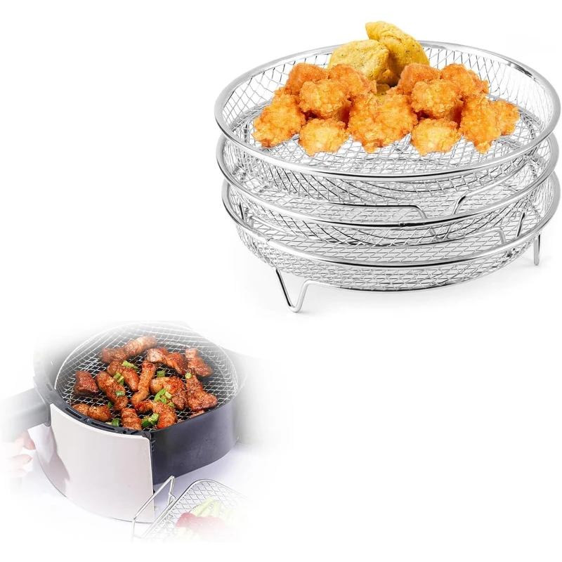 3Pcs Stainless Steel Kitchen Drain Oil Rack Fried Chicken Mesh Basket Multifunctional Air Fryer Grill Steaming Rack Oven Baking