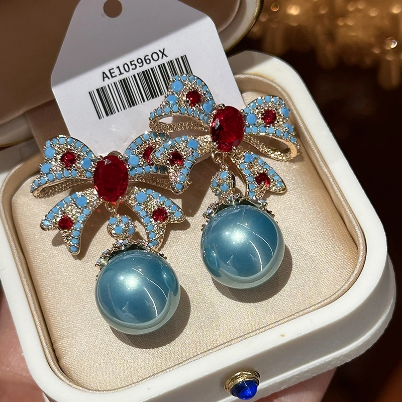 Exaggerated luxury court red bow blue pearl earrings for women