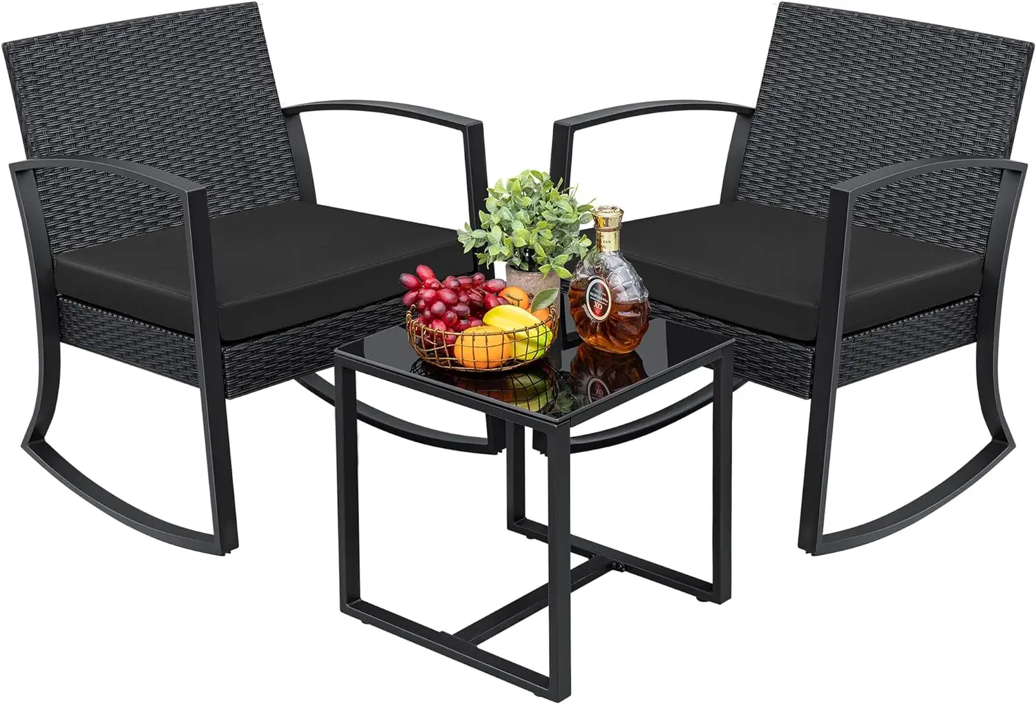 Outdoor Seating Garden Seat with Glass Coffee Table, Black, Pool, Balcony, 3 Pcs/Set