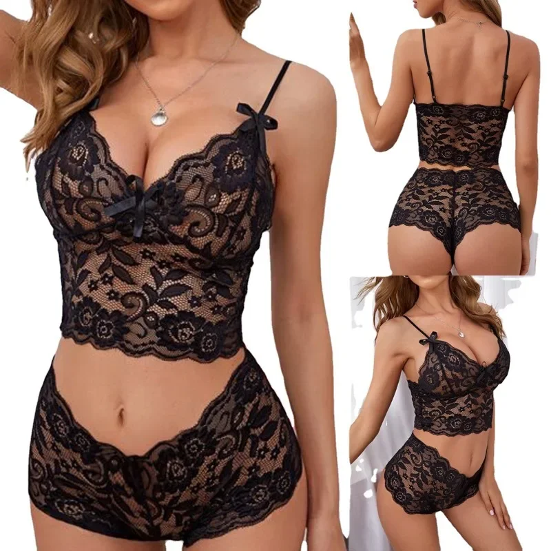 Sexy Women Lingerie Lace Hollow Bra Set Deep V Solid Color Underwear Female Sheer Suspenders Intimates Bras for Ladies lingerie