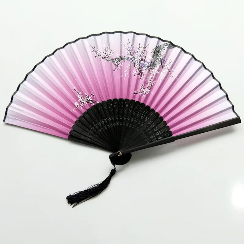 Chinese Japanese Silk Folding Fan Wooden Shank Classical Dance Fan High Quality Tassel Elegent Female Fan Home Decoration