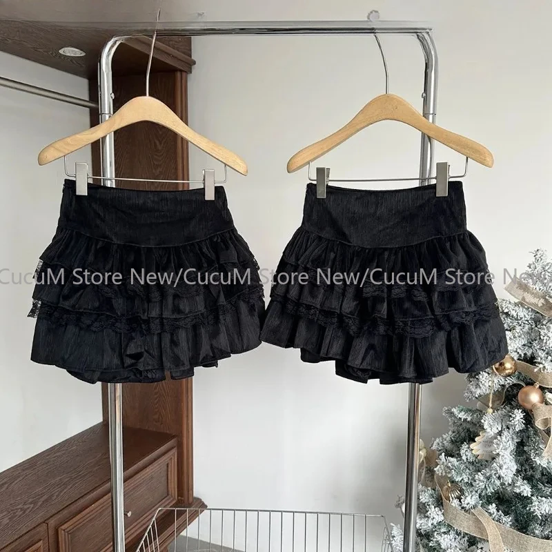 Vintage Cake Skirts Lace Patchwork High Waist Mujer Faldas Solid Fashion Sweet Falda Casual Temperament Short Skirt for Women