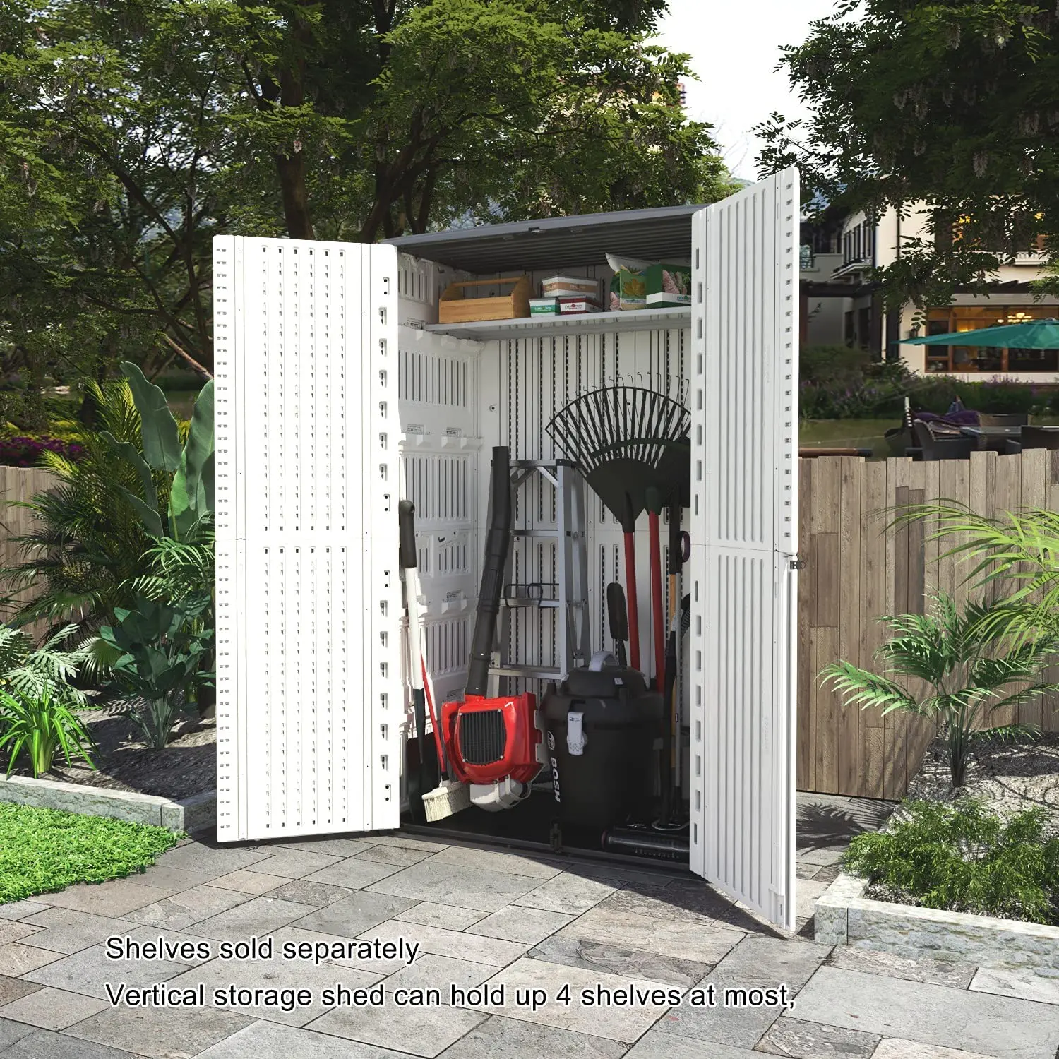 Outdoor Storage Shed Waterproof Resin Vertical Cabinet Patio Furniture Garden Tools Pool Accessories 66 Cu.ft, Customized