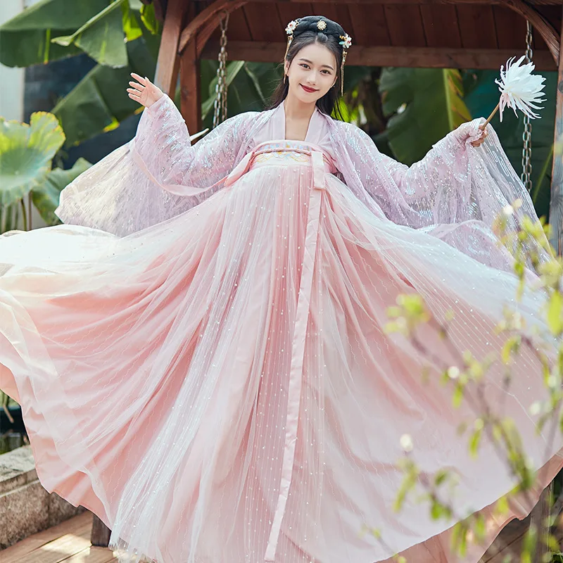 

Adult new Chinese Hanfu female Chinese style traditional Chinese elements summer improved fairy pink dress retro suit female