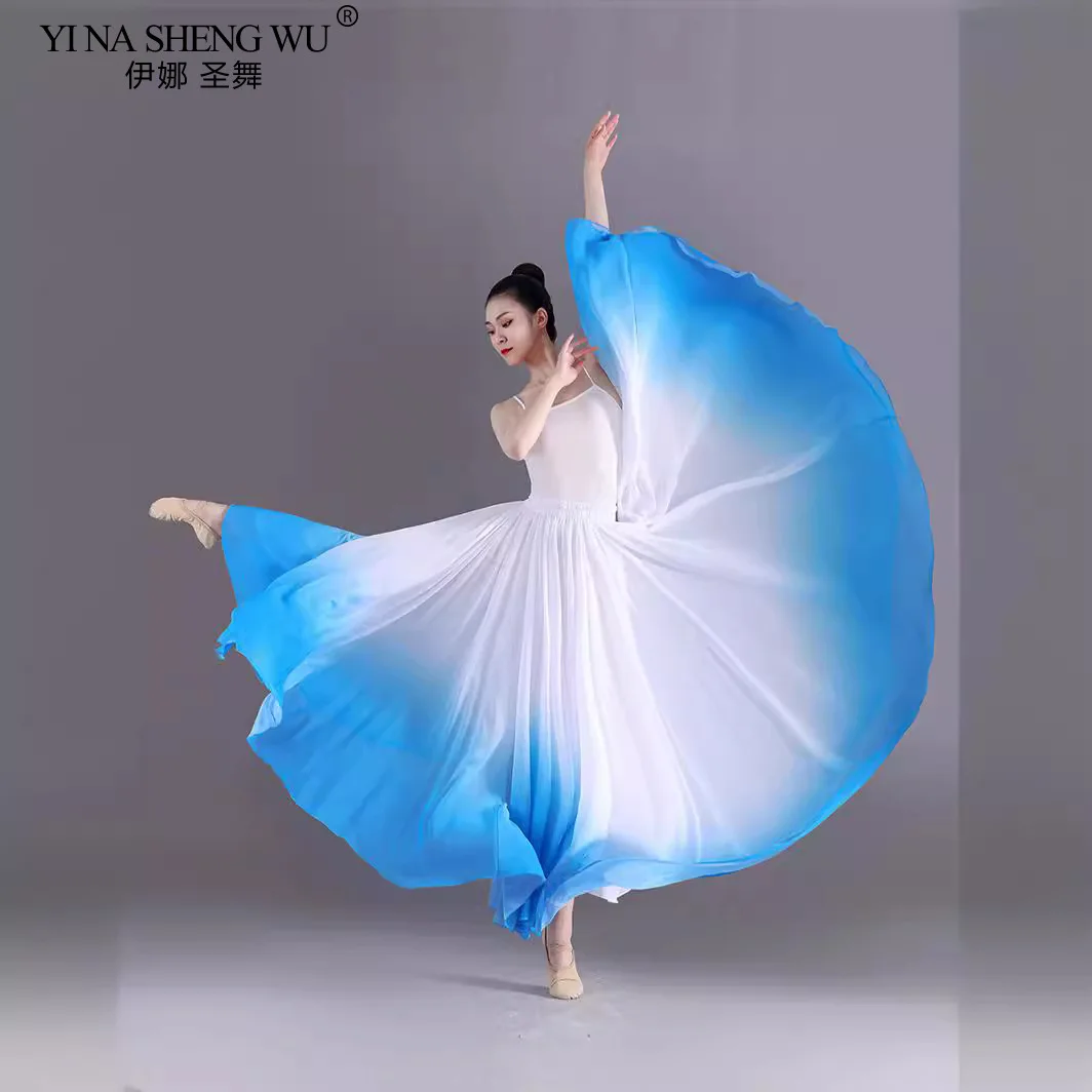 Saias de dança clássica para mulheres, traje de prática gradiente de 720 graus, chiffon de gaze, desempenho elegante, meio vestido, estilo chinês, novo