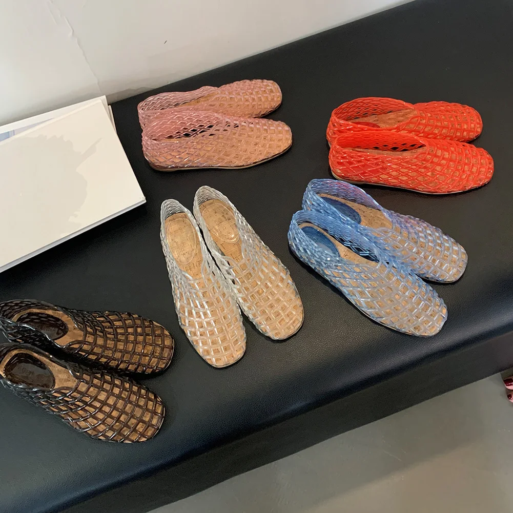 Women Jelly Flats Mesh Ballet Flats Square Toe Hollow Out Ballet Flats Lightweight Beach Jelly Shoes Breathable for Summer Beach image 4