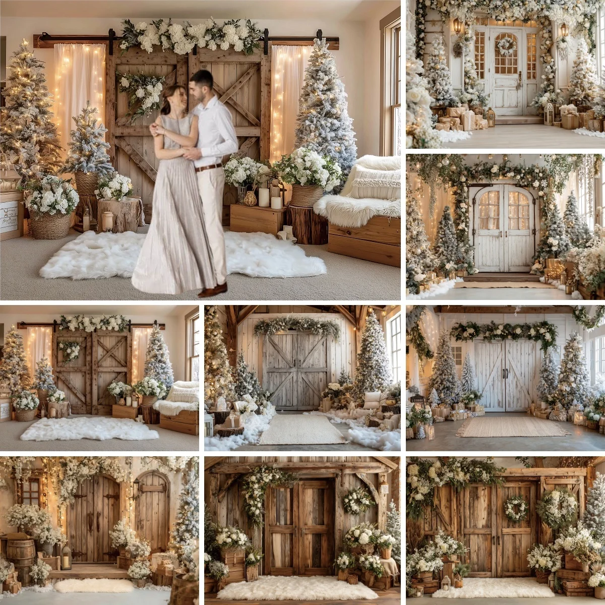 Fondo Fotográfico Navideño de Madera con Puerta, Árbol de Navidad, Regalos, Corona, Retrato Familiar, Fotografía, Photocall