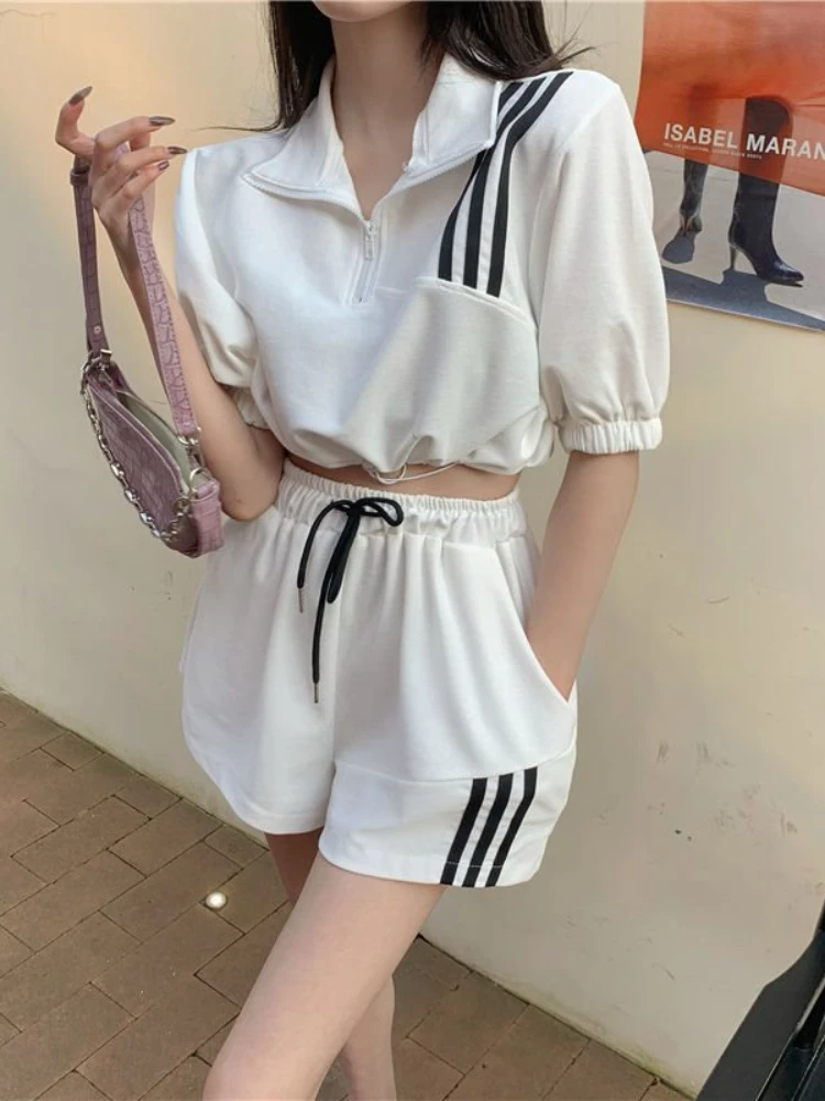 Korean Shorts Sports Suit Women Leisure Jacket Drawstring Wide-Leg Pant Girl Splice Color Two-Piece New in Summer Fashion Trend