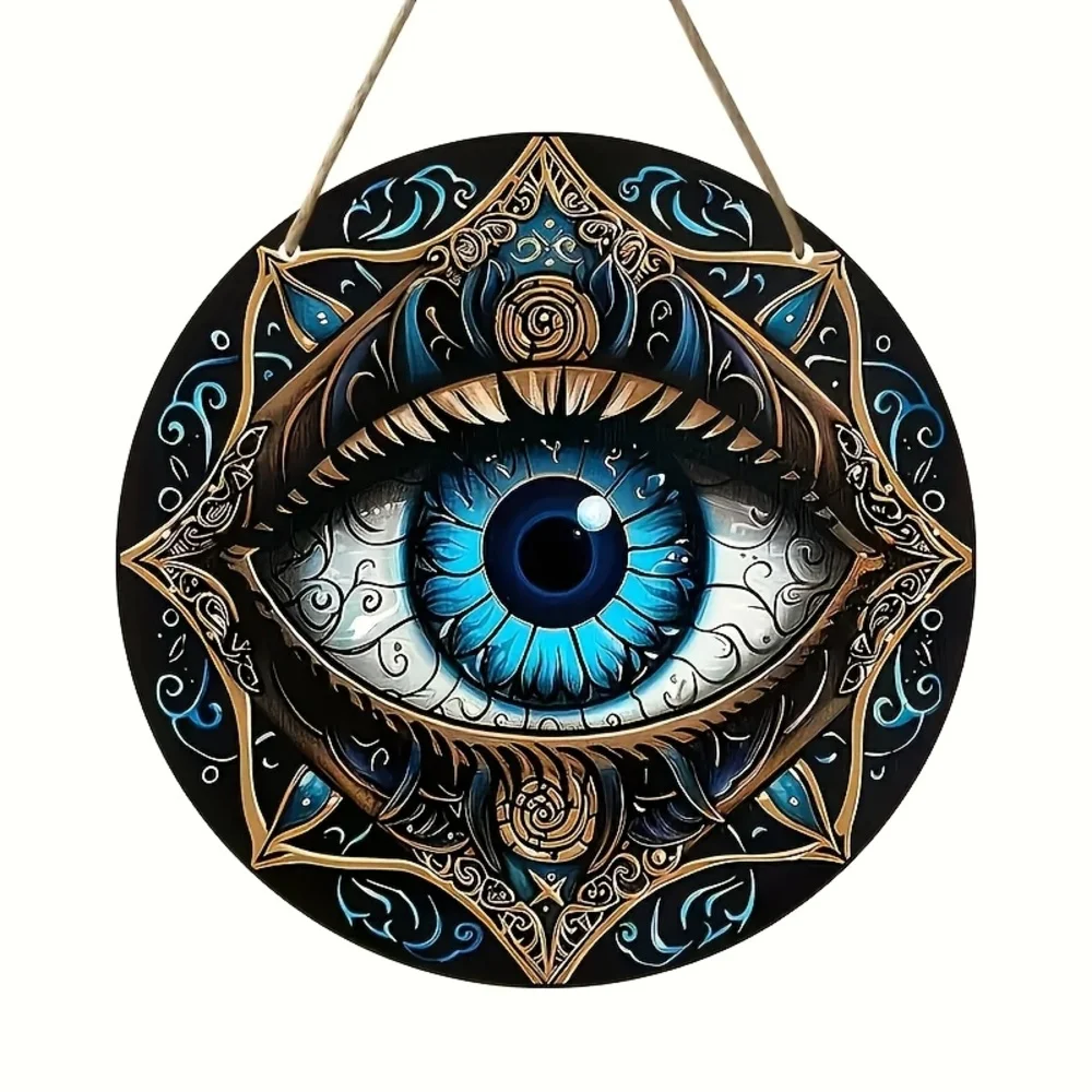 قطعة واحدة، "تصميم نمط حماية العين الشريرة على الطراز البوهيمي" لوحة زخرفية خشبية مستديرة، قائمة خشبية، باب ونافذة