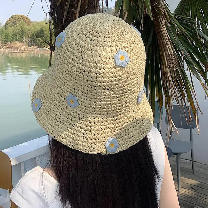 Straw Bucket Hat for Women Sweet Boho Flower Foldable Panama Visors Summer Sunscreen Uv Protection Travel Holiday Beach Sun Caps