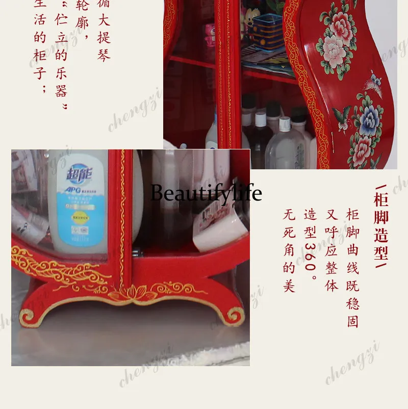 Chinese guitar modeling display cabinet, red hand-painted flower butterfly stained glass door storage, storage cabinet