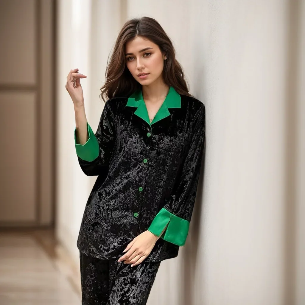 Female Velvet Pajamas Autumn Winter Velour Sleepwear Trouser Suits Fashion Patchwork Two Piece Set Casual Home Wear Loungewear