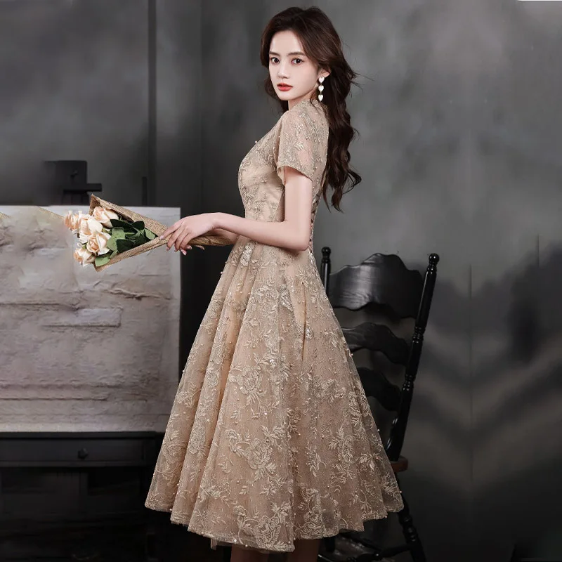 Evening Dress Khaki Flowers Embroidery Pearl Short Sleeves A-Line Pleat Tea-Length Plus size Lace up Woman Formal Party Gowns