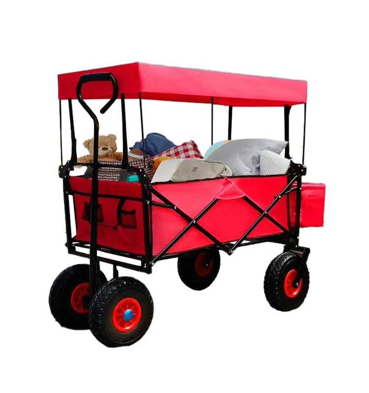 HW53 folding wagon with awning for outdoor camping multiple use pneumatic wheel for all terrain easy to push beach cart