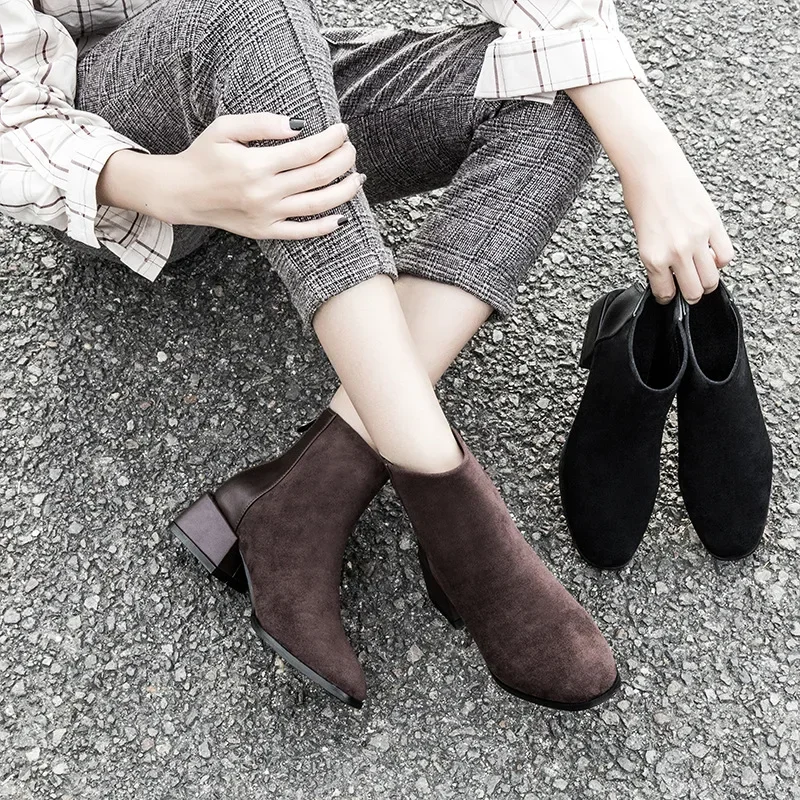 Cow Suede Ankle Modern Boots Spring/Autumn Square Toe Women's Shoes on Sale 2024 New Mid Heel Solid Concise Women's Boots
