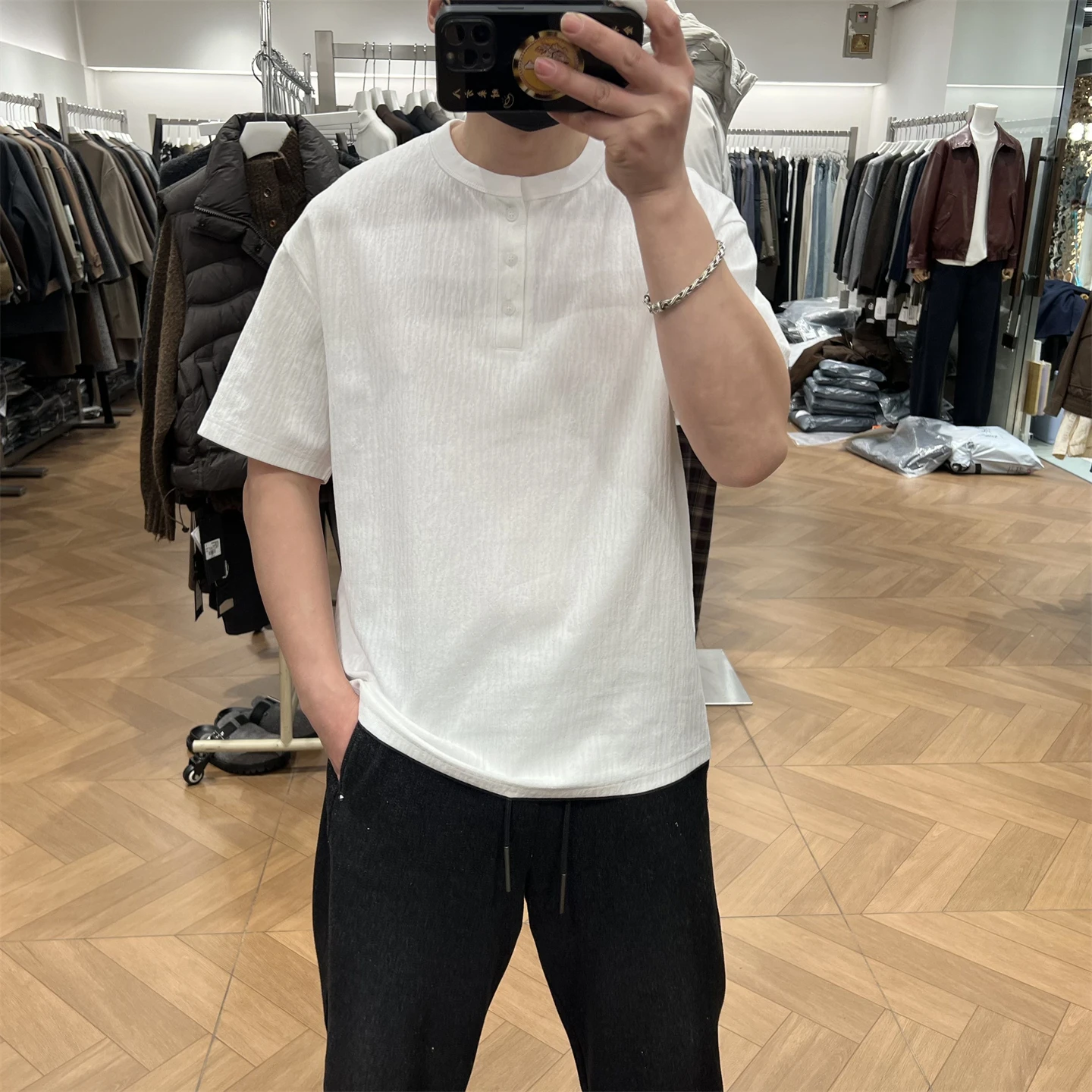 

Мужская классическая футболка с коротким рукавом и воротником Хенли, весна-лето 2026, американский стиль, текстурированная, новинка