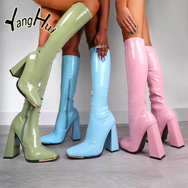 2023 Buty damskie Kwadratowy obcas Knee-High Chelsea Boots Winter New Chunky PU Leather Goth Snow Boots High Heels Shoes Pumps Mujer