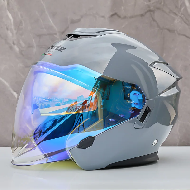 

Double Lens Half Helmet Mxnrte Glossy Grey Motorcycle Helmet Off-Road Safety Helmet DOT Approved Casco Casque Men and Women