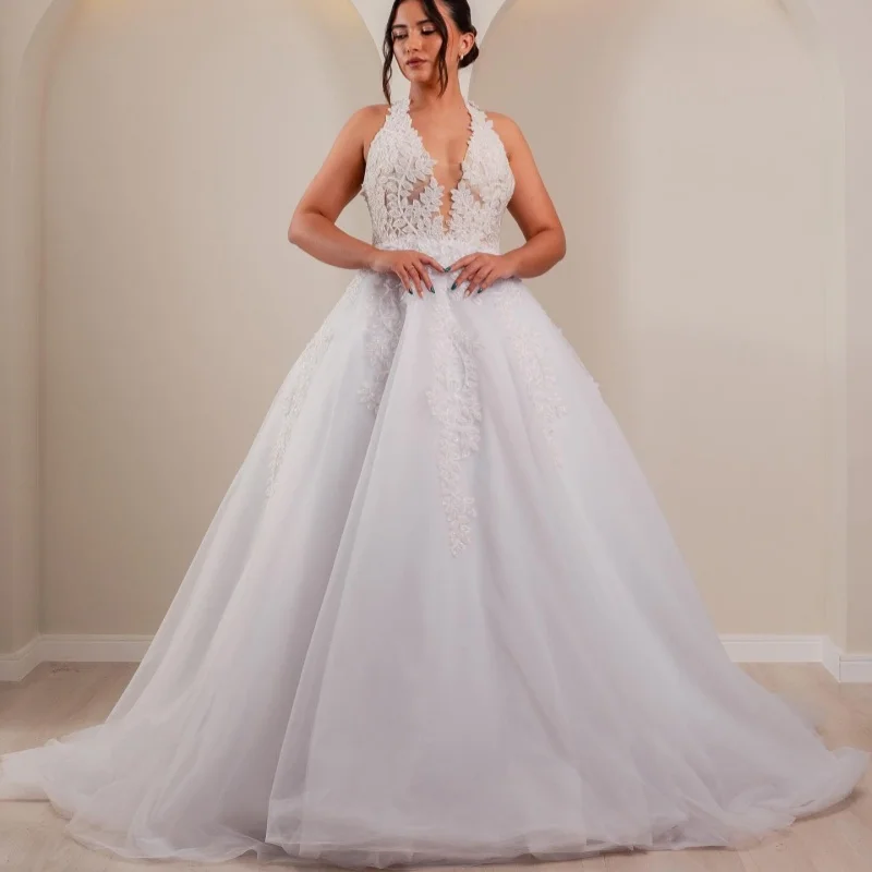 

Simple ivory white V-neck Spaghetti featureWedding Dresses Lace layering of A-line Bridal Gowns Made Customized
