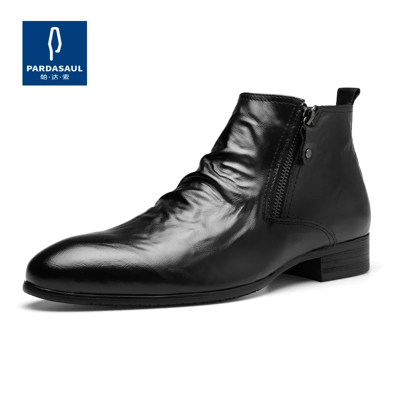 Leisure Chelsea new high top men's business pointed scalp boots with side zippers for warmth and plush men's shoes 231218